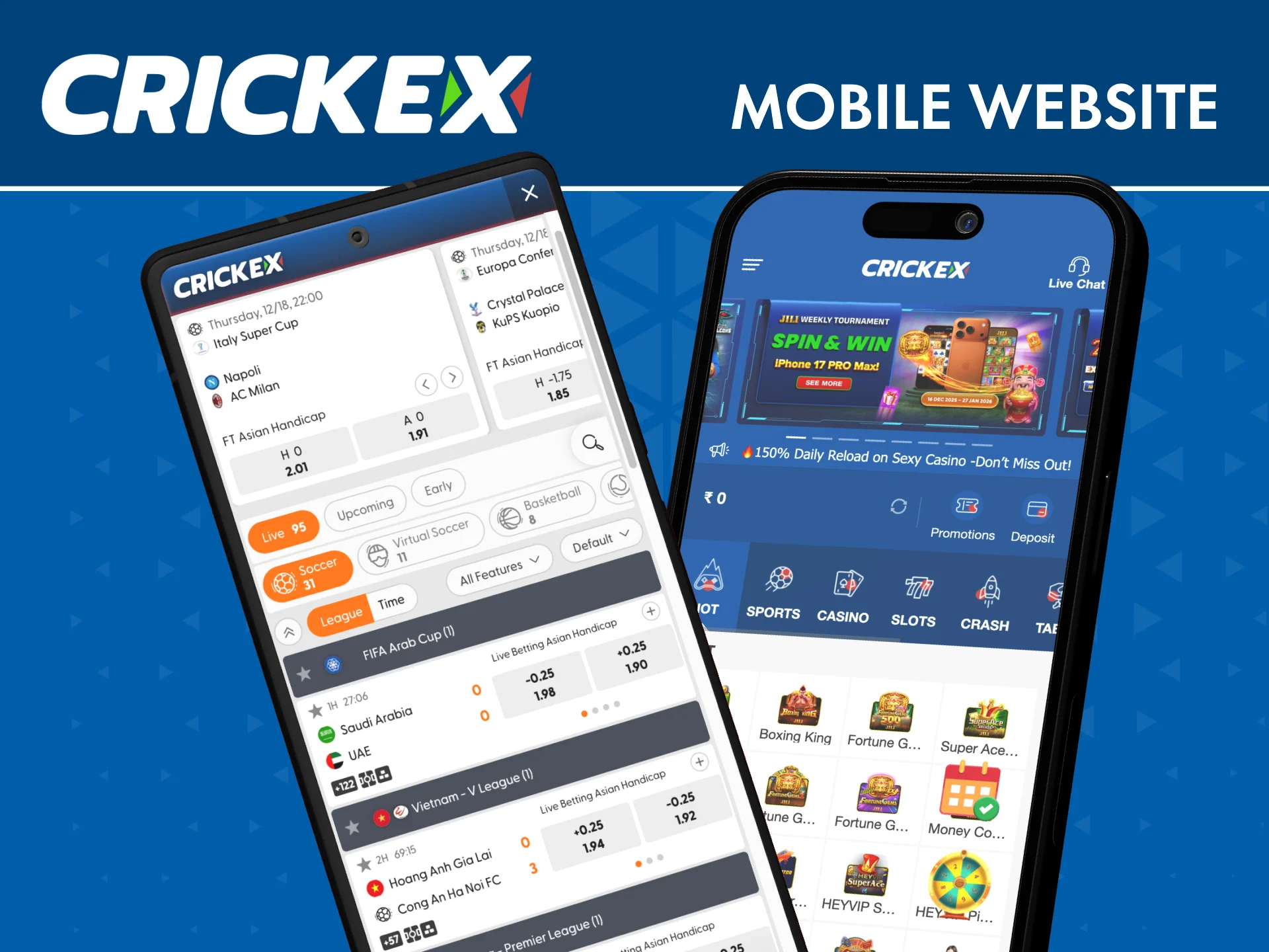 Play instantly on the Crickex mobile website with full features and no app download.
