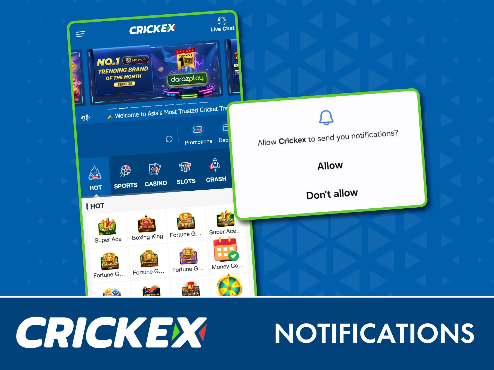 Enable Crickex app notifications and stay updated on matches and bets.