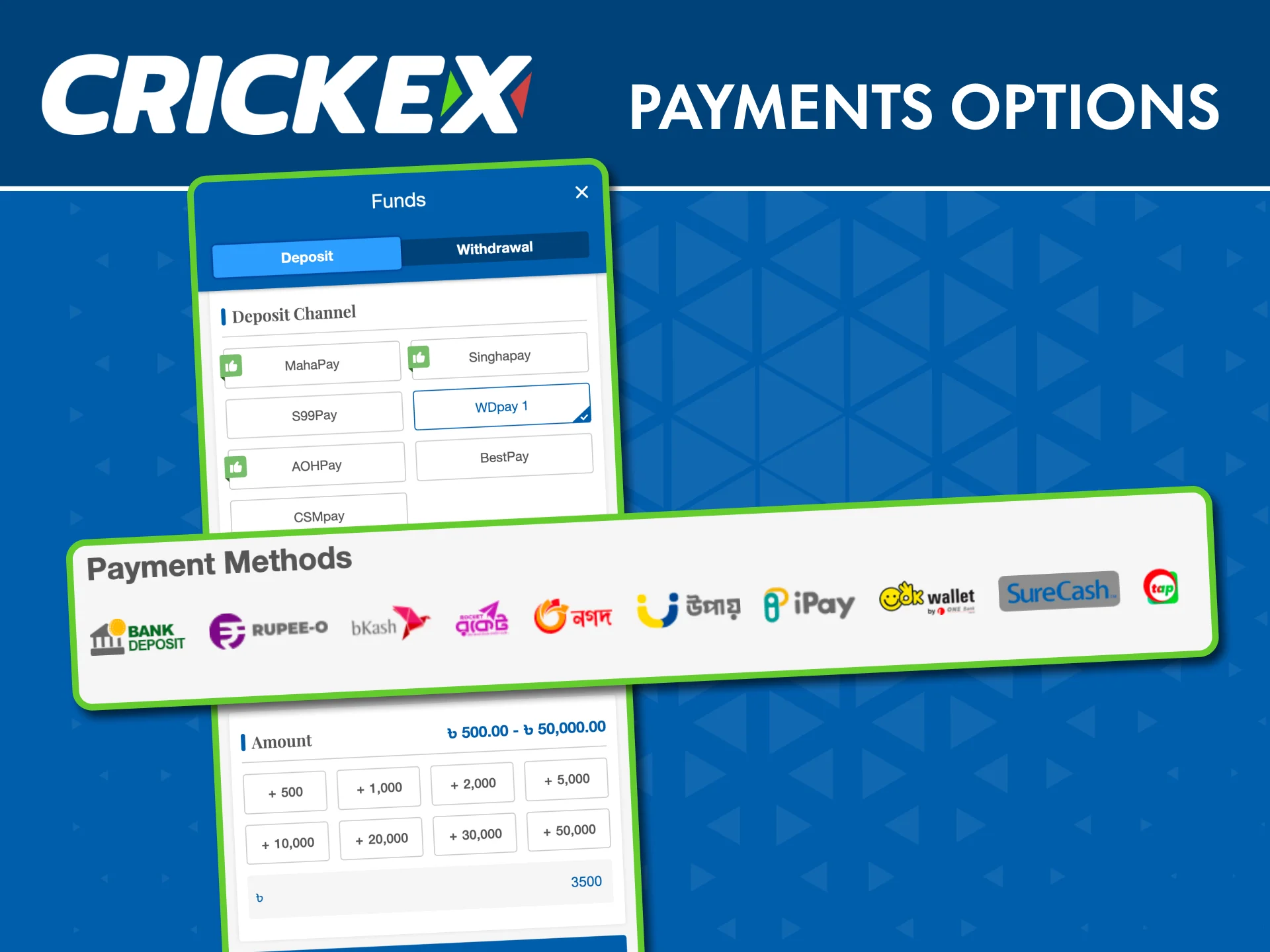 Deposit and withdraw easily in Crickex using trusted local payment methods.