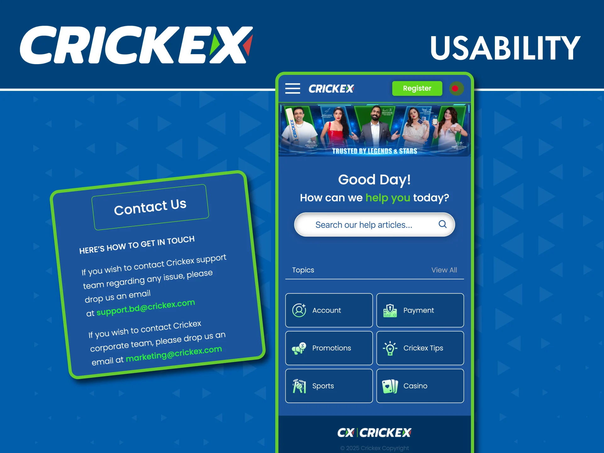 Use the Crickex app easily with clear categories and simple navigation.