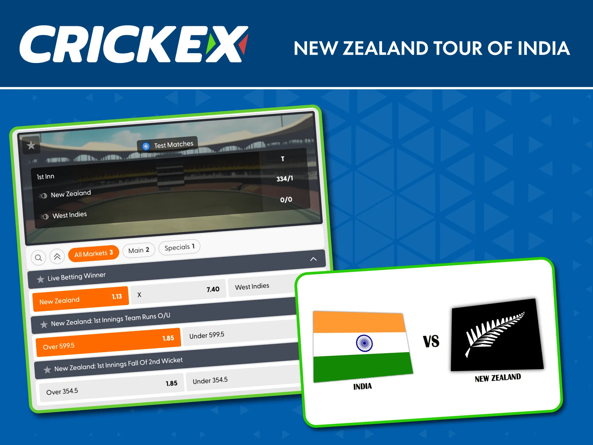 Bet on New Zealand Tour of India matches with Crickex live odds.