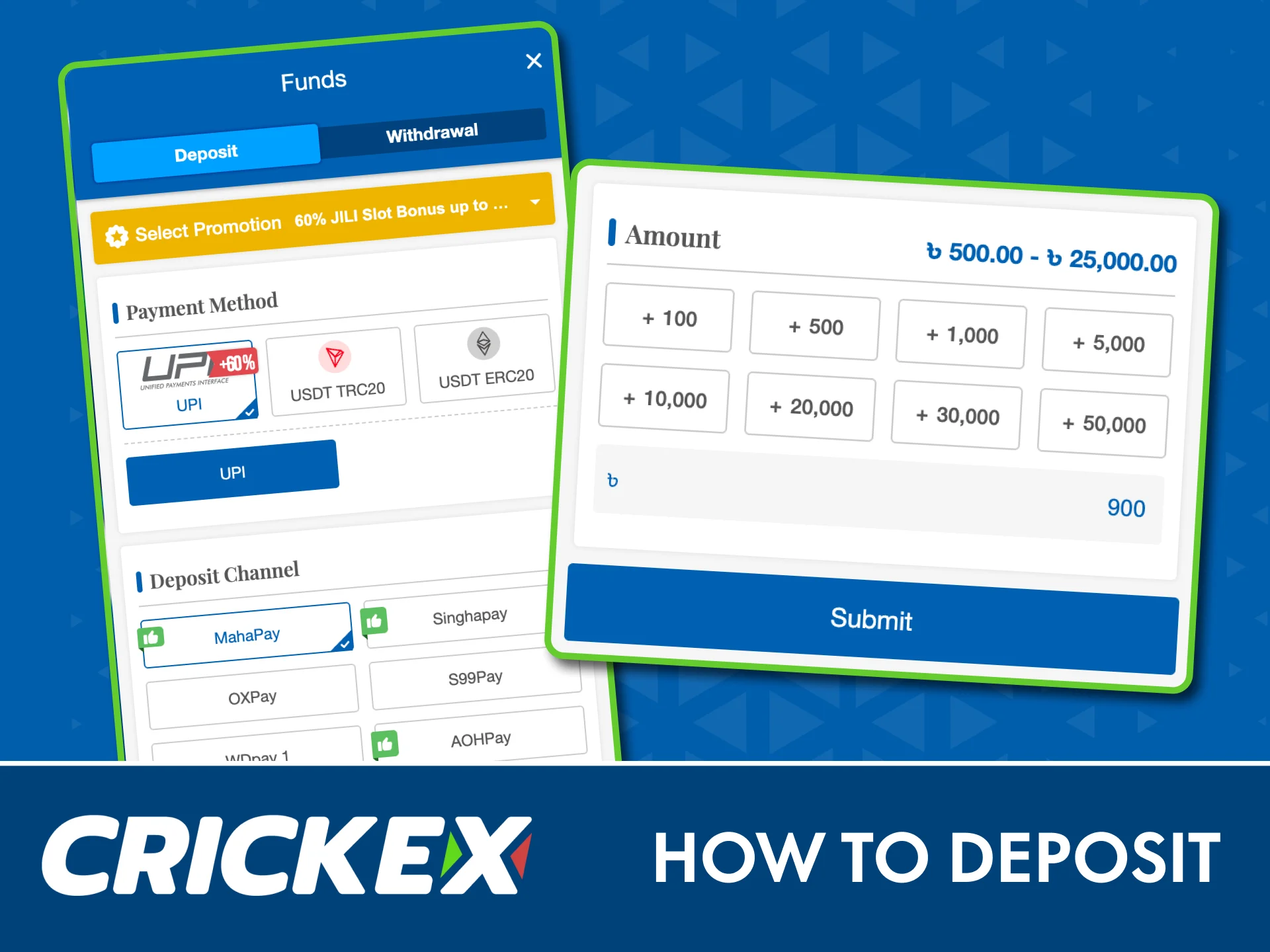 Deposit funds on Crickex and start betting instantly.