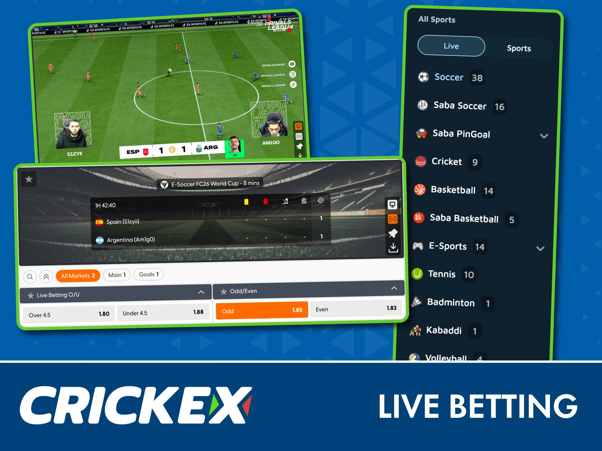 Place live bets in real time and catch high odds with Crickex.