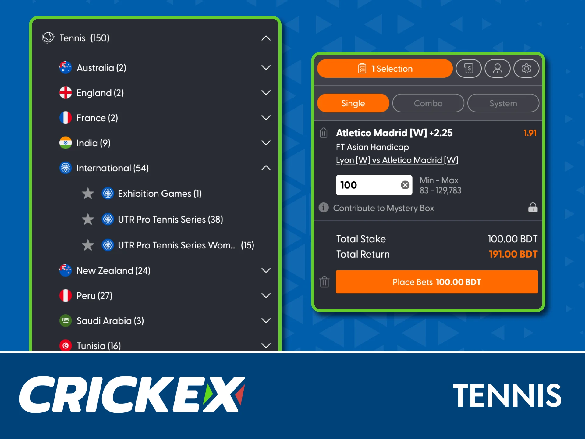 Choose moneyline and set winner tennis bets on Crickex now.
