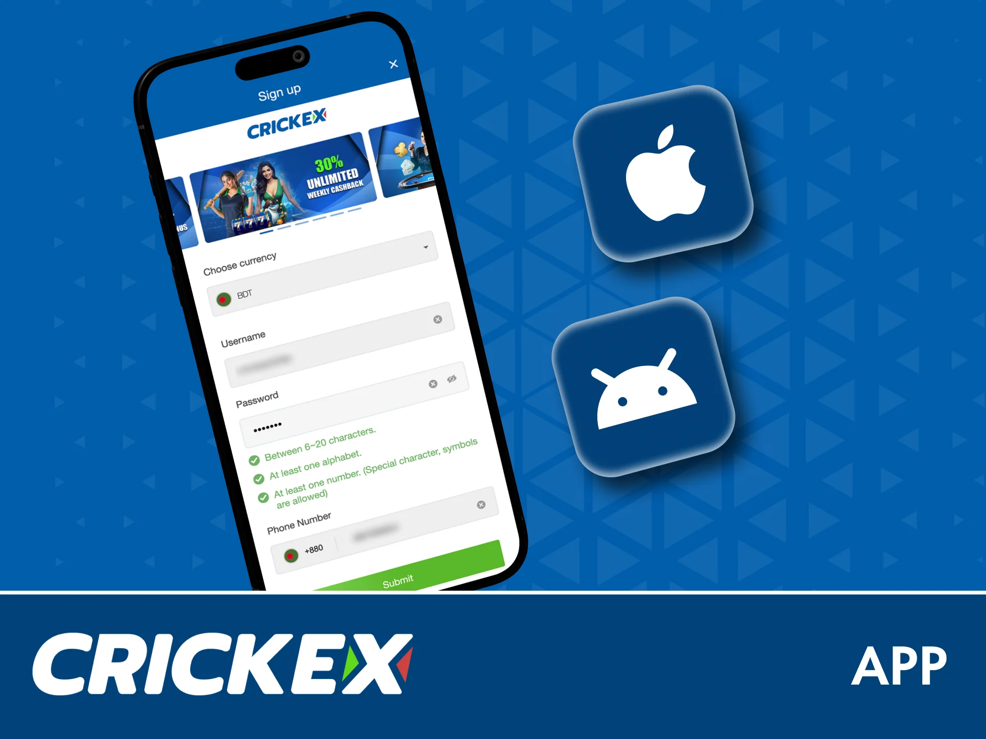 Register or log in easily using the Crickex mobile app for Android and iOS.