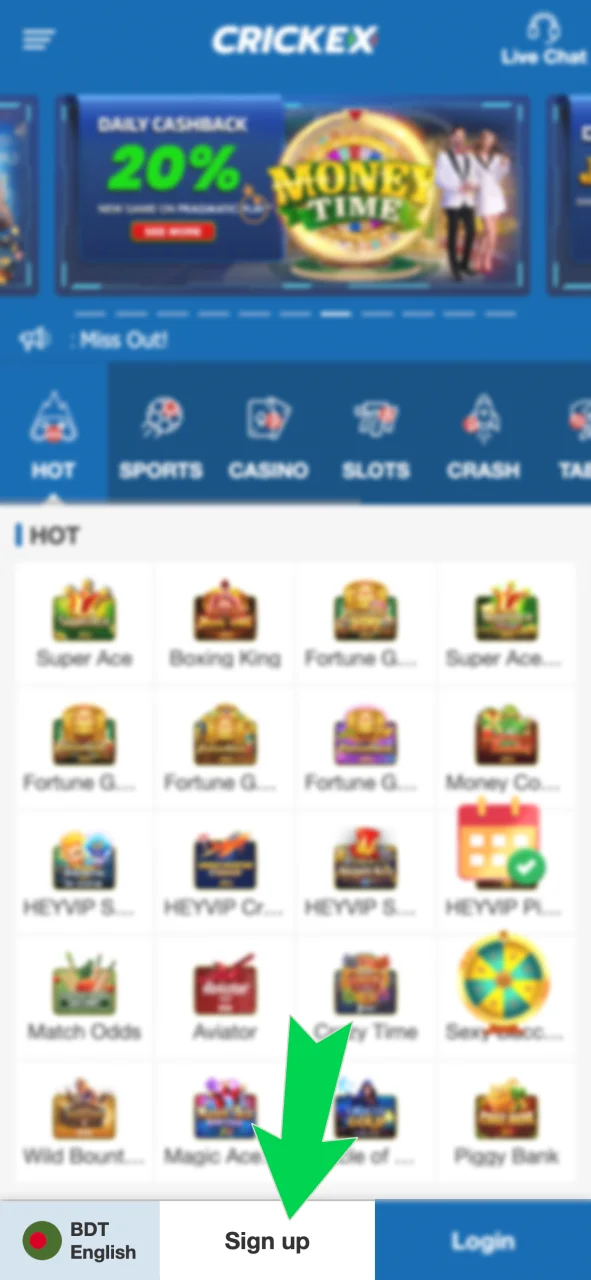 Click the Crickex registration button to start your account.